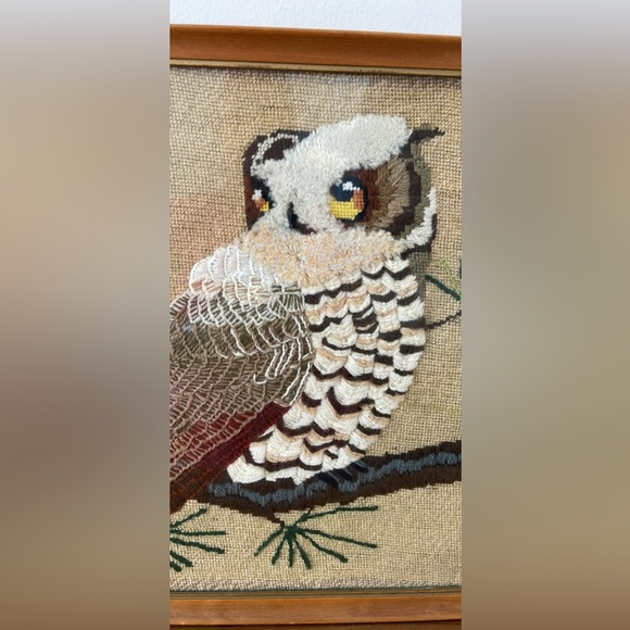 Vintage Gorgeous crewel fibre art Boho 1970s Owl framed under glass 15.5x15.5 - Picture 5 of 10